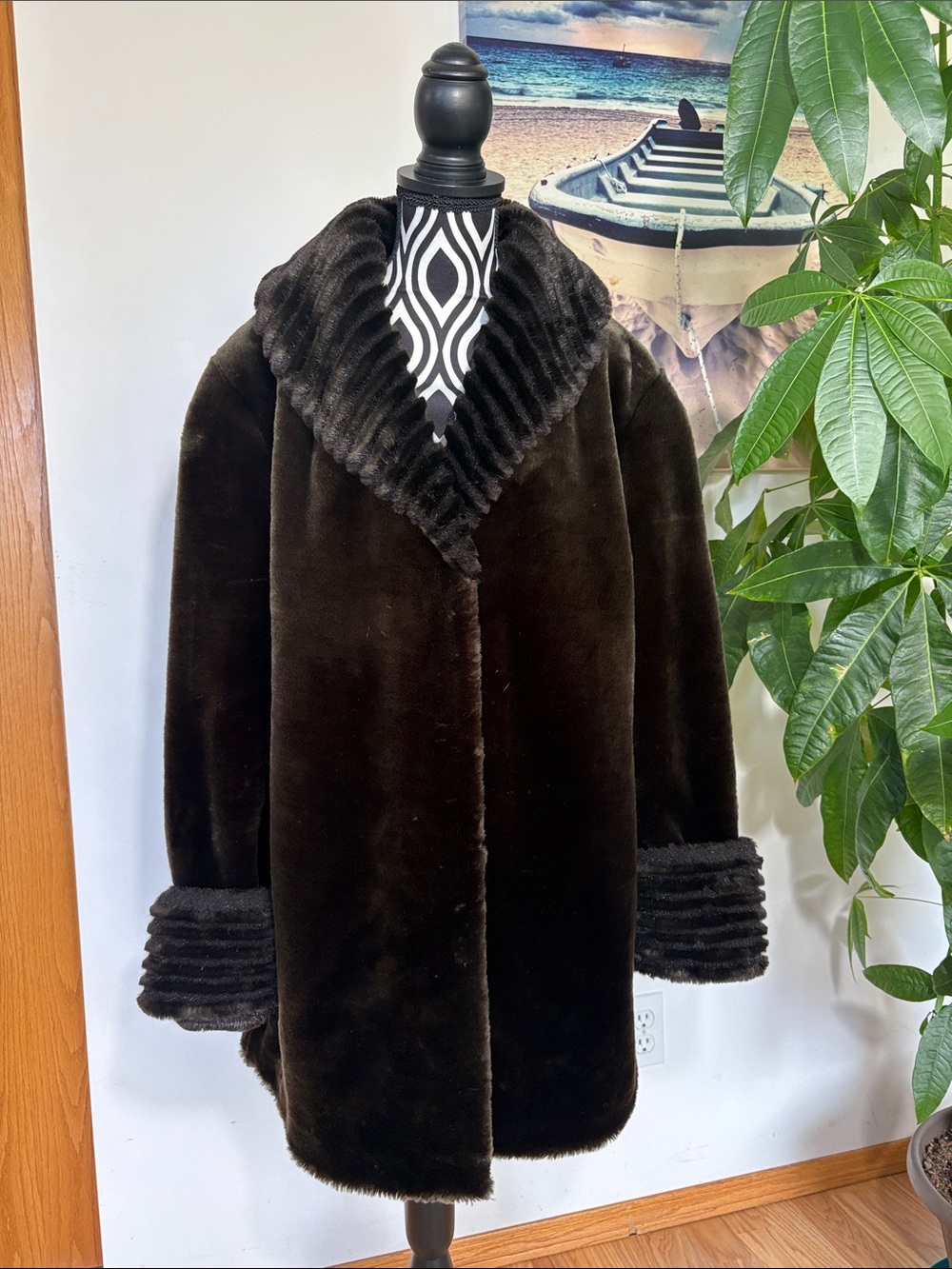 Women's Dark Brown Faux Fur Pea Coat with Ribbed Trim